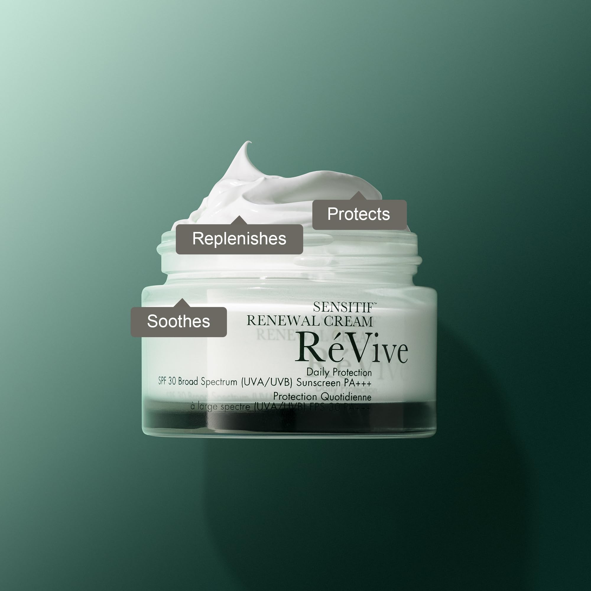 RéVive Sensitif Renewal Day Cream SPF30 bottle emphasizes sun protection