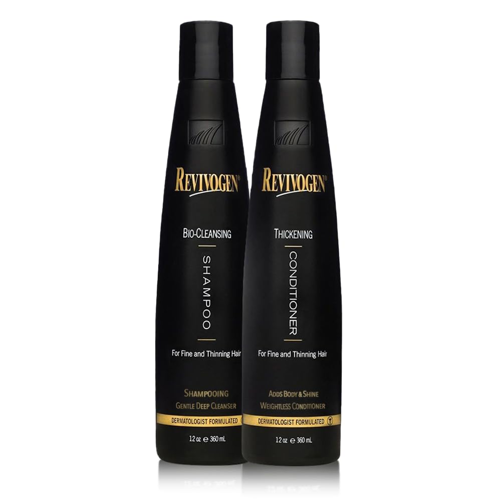 Revivogen MD Bio-Cleansing Shampoo bottle showing natural anti-DHT formula aiding thinning hair