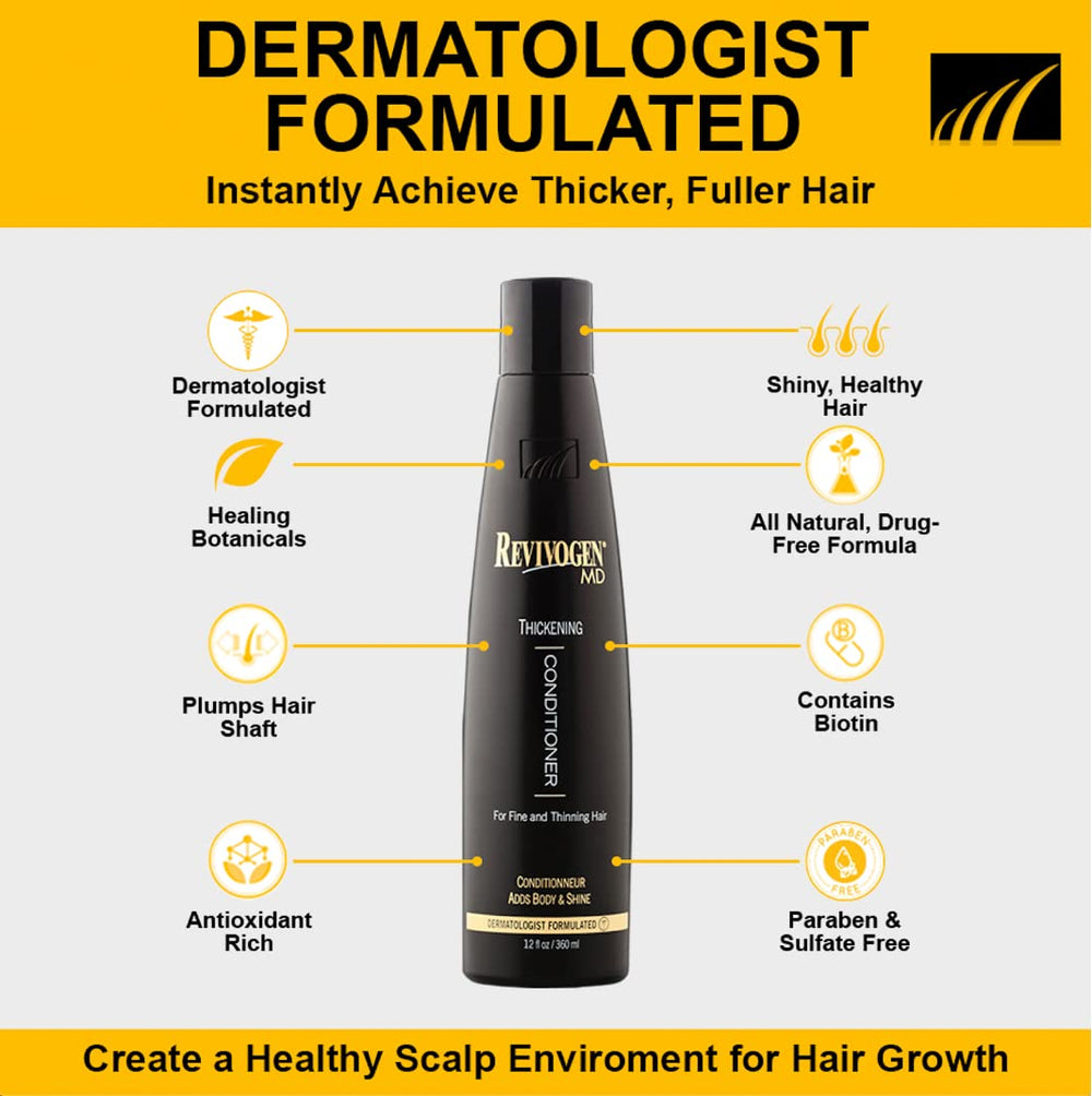 Revivogen MD bottle with natural ingredients highlighted for scalp care.