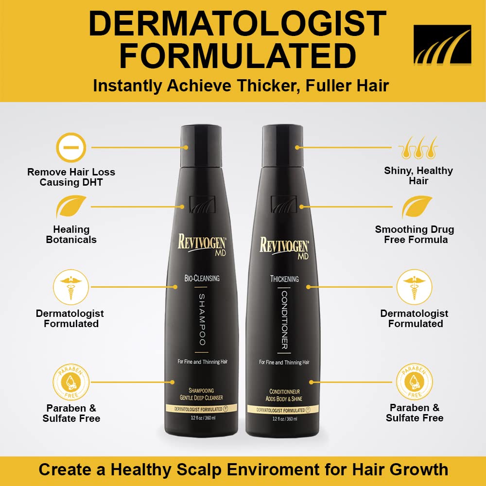 Revivogen MD Thickening Conditioner bottle demonstrating volume-boosting care for scalp health
