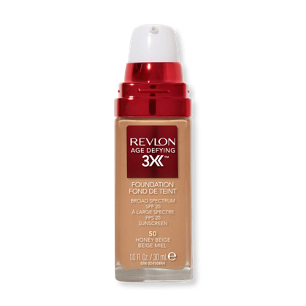 Revlon Age Defying 3X Foundation bottle in Honey Beige with SPF 30.