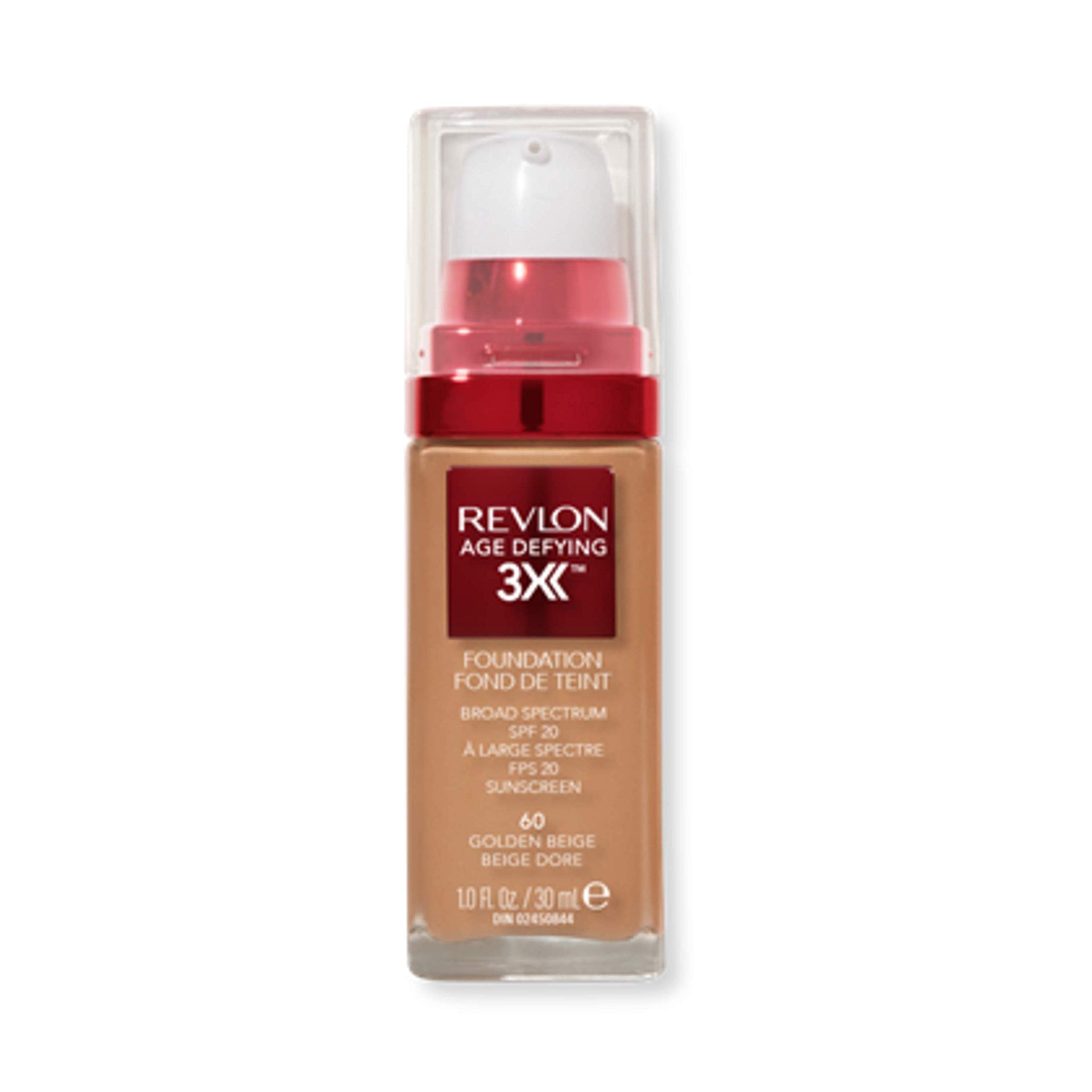Revlon Age Defying 3X foundation bottle—hydrating, smoothing finish for a natural look.