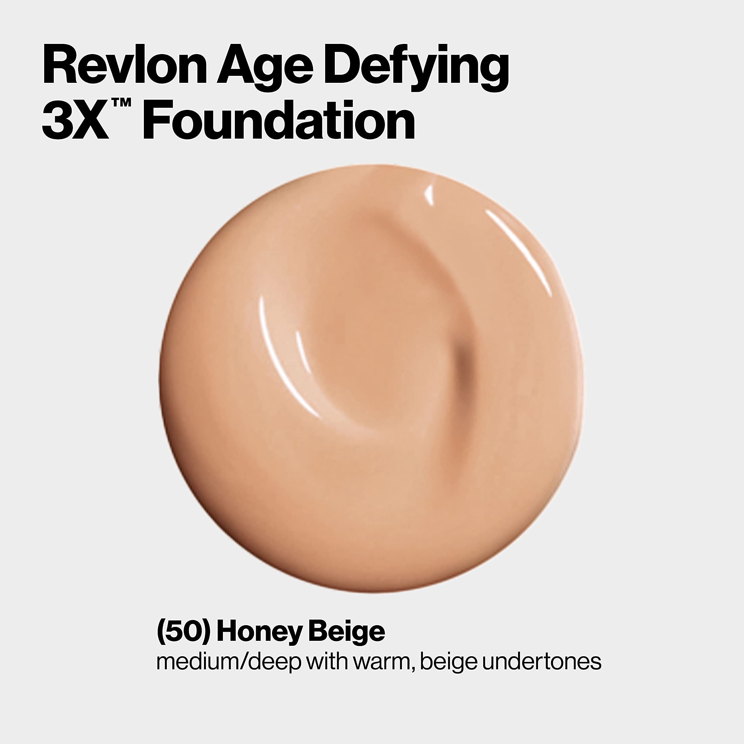 Swatch of Revlon Age Defying 3X Foundation in Honey Beige, natural finish.