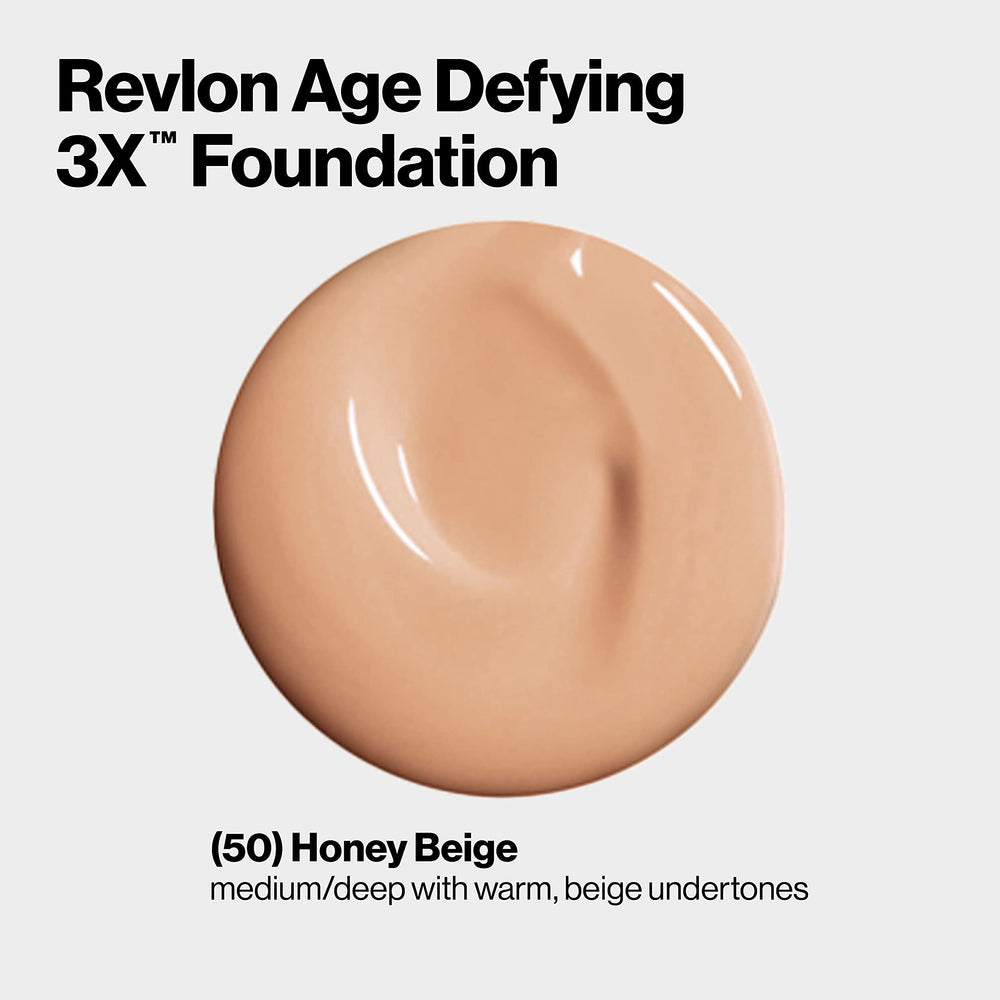 Swatch of Revlon Age Defying 3X Foundation in Honey Beige, natural finish.