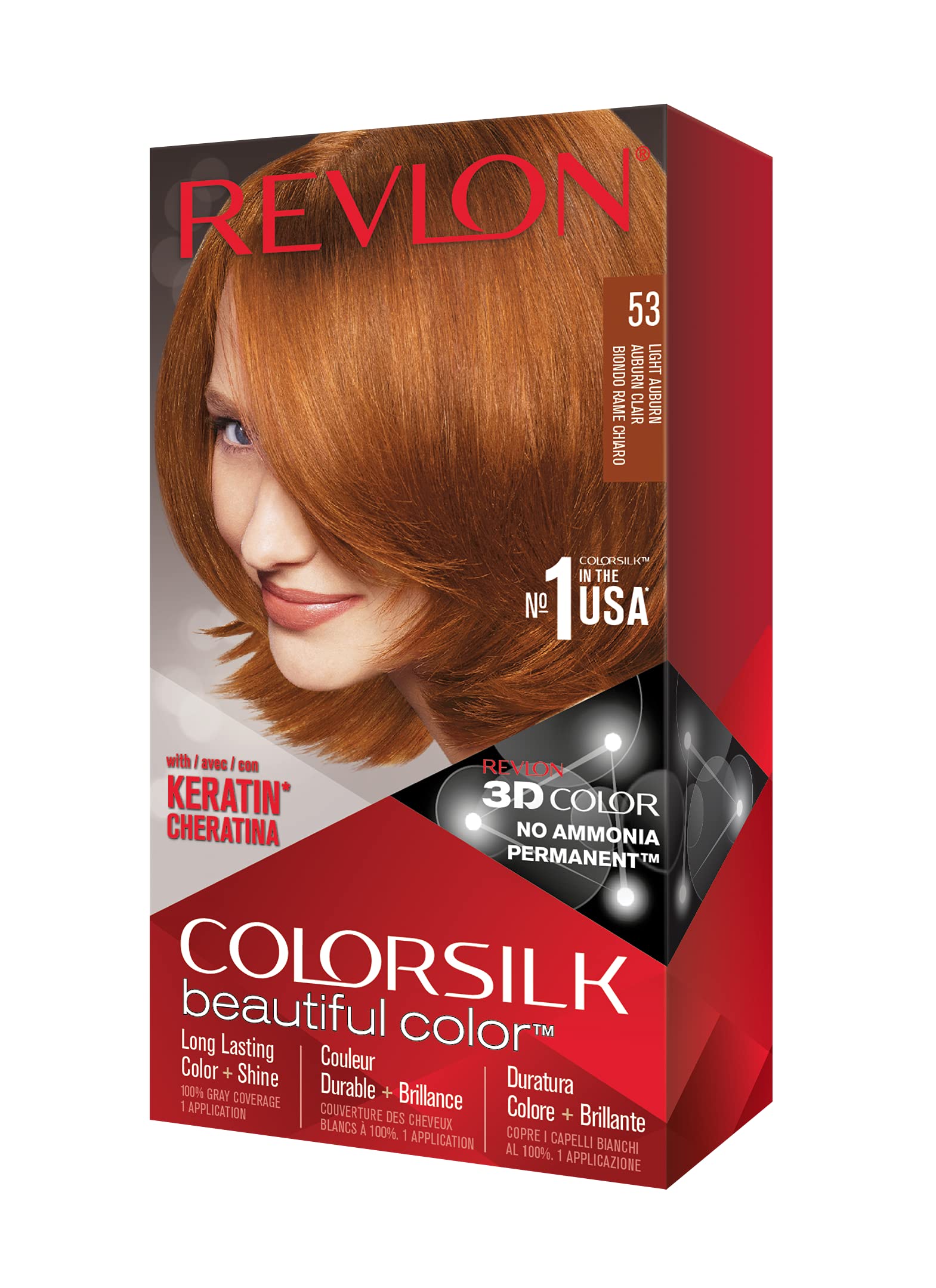 REVLON Colorsilk 53 Light Auburn box for at-home gray coverage.