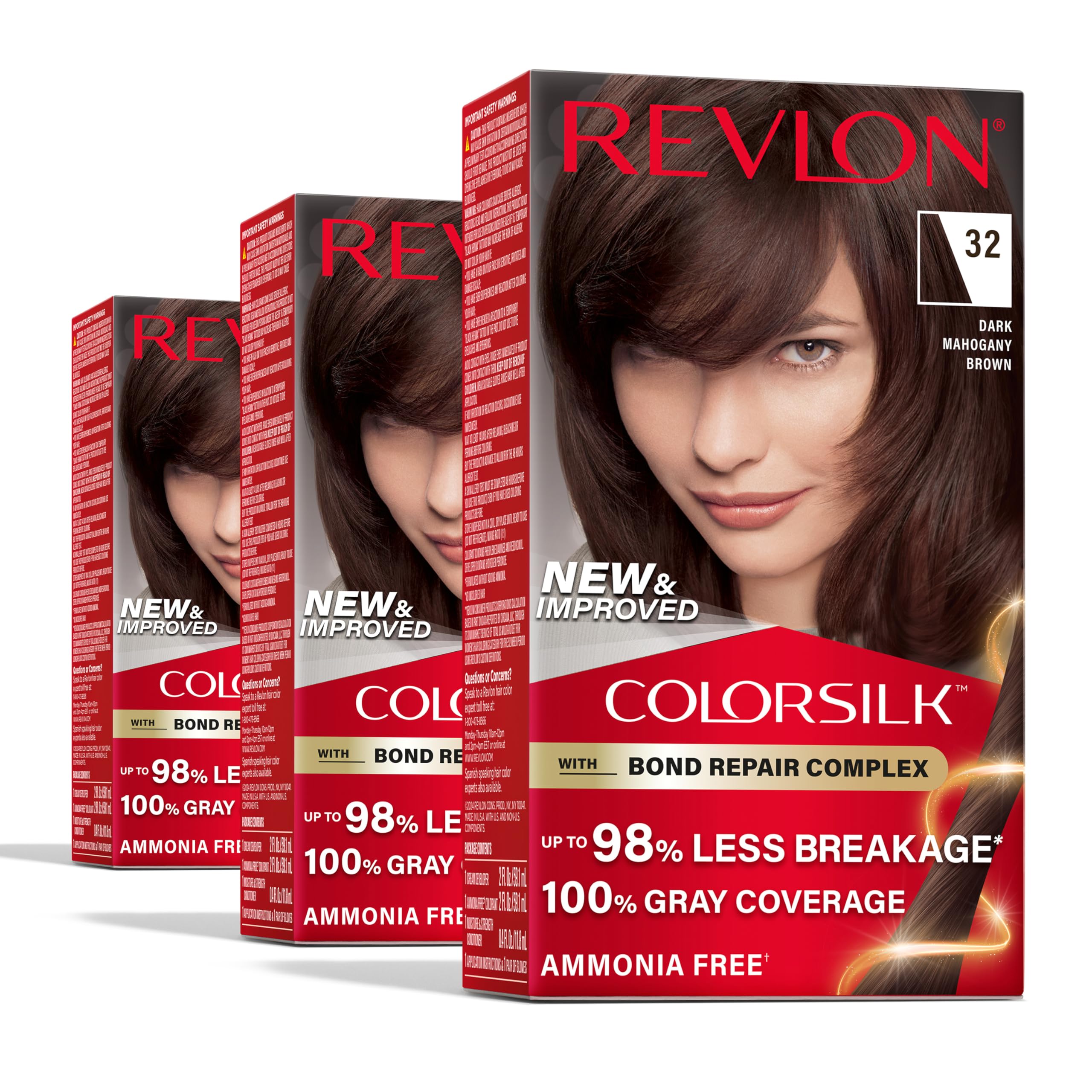 Revlon ColorSilk bond repair bottle pour shows easy mixing for strong, healthy-looking hair.