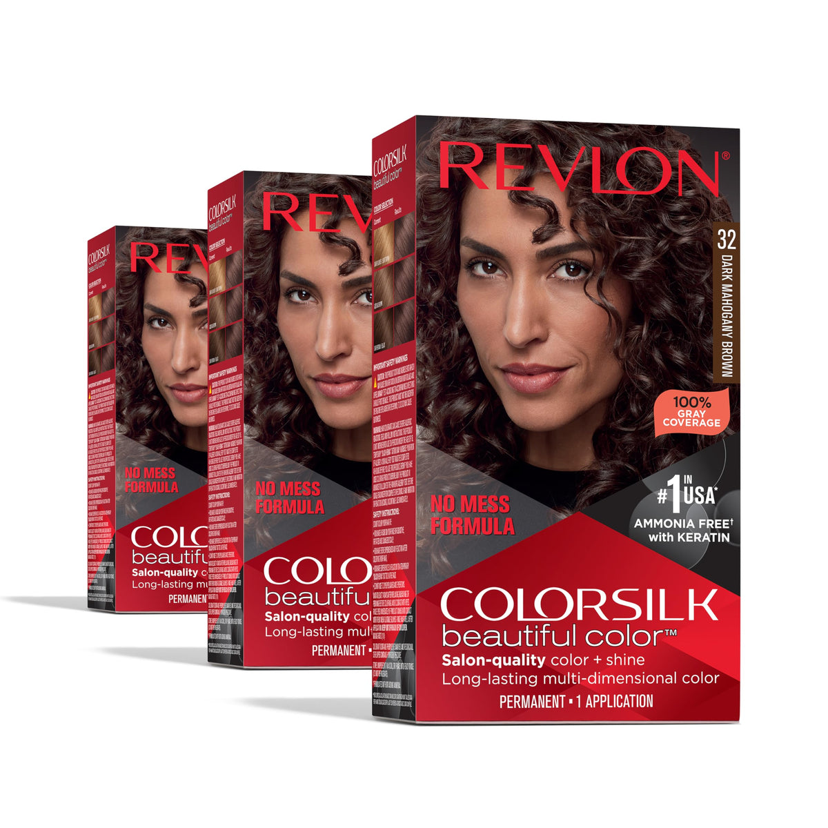 REVLON Colorsilk Dark Mahogany Brown bottle pour shows mess-free at-home color application and rich shine