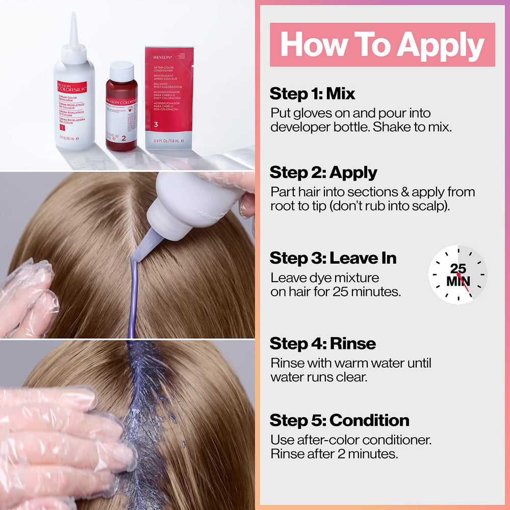 REVLON ColorSilk Digitones keratin-infused formula for healthier-looking hair after dyeing.