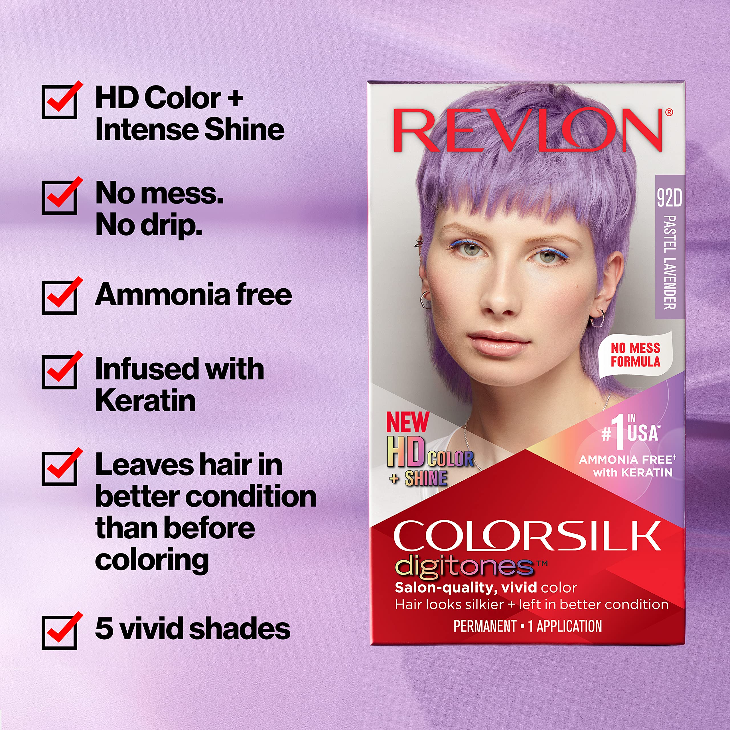 REVLON ColorSilk Digitones pastel lavender application showing smooth root-to-tip coverage.