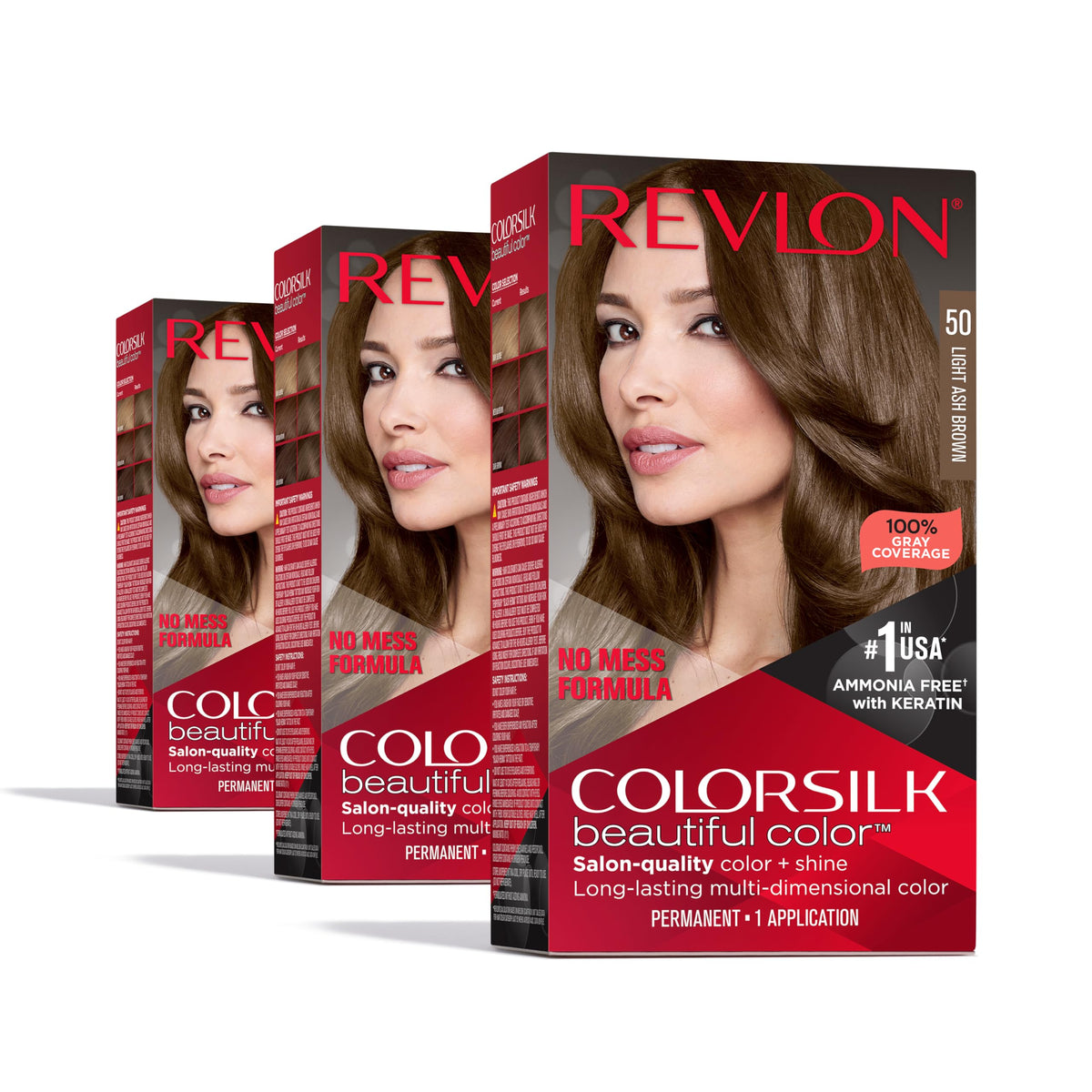 Revlon Colorsilk Light Ash Brown pack 3 color kit with long-lasting gray coverage and shine.