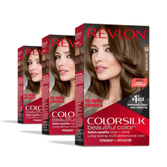 Revlon Colorsilk Light Ash Brown pack 3 color kit with long-lasting gray coverage and shine.