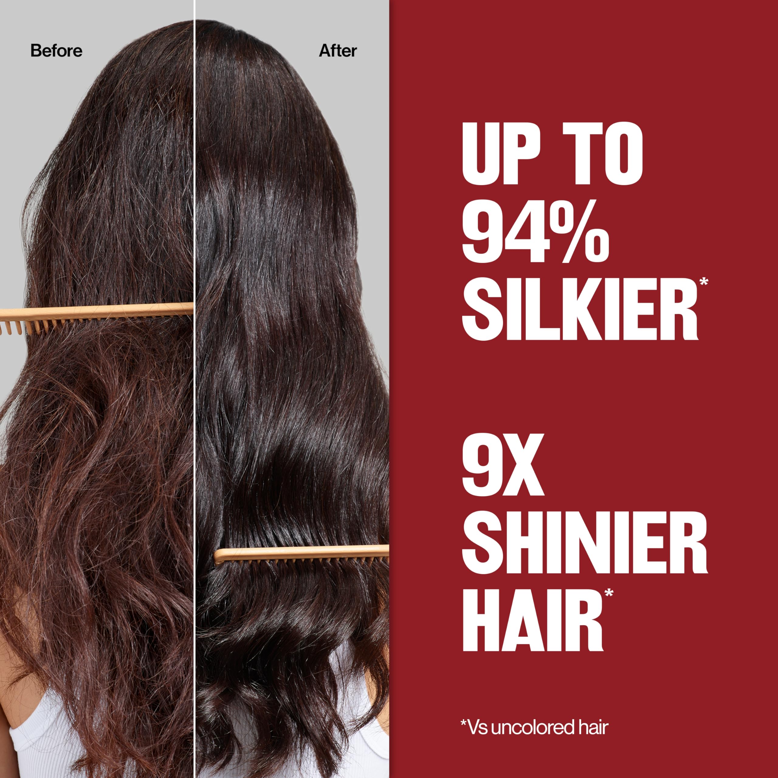 Model with glossy brown hair demonstrates a polished finish.
