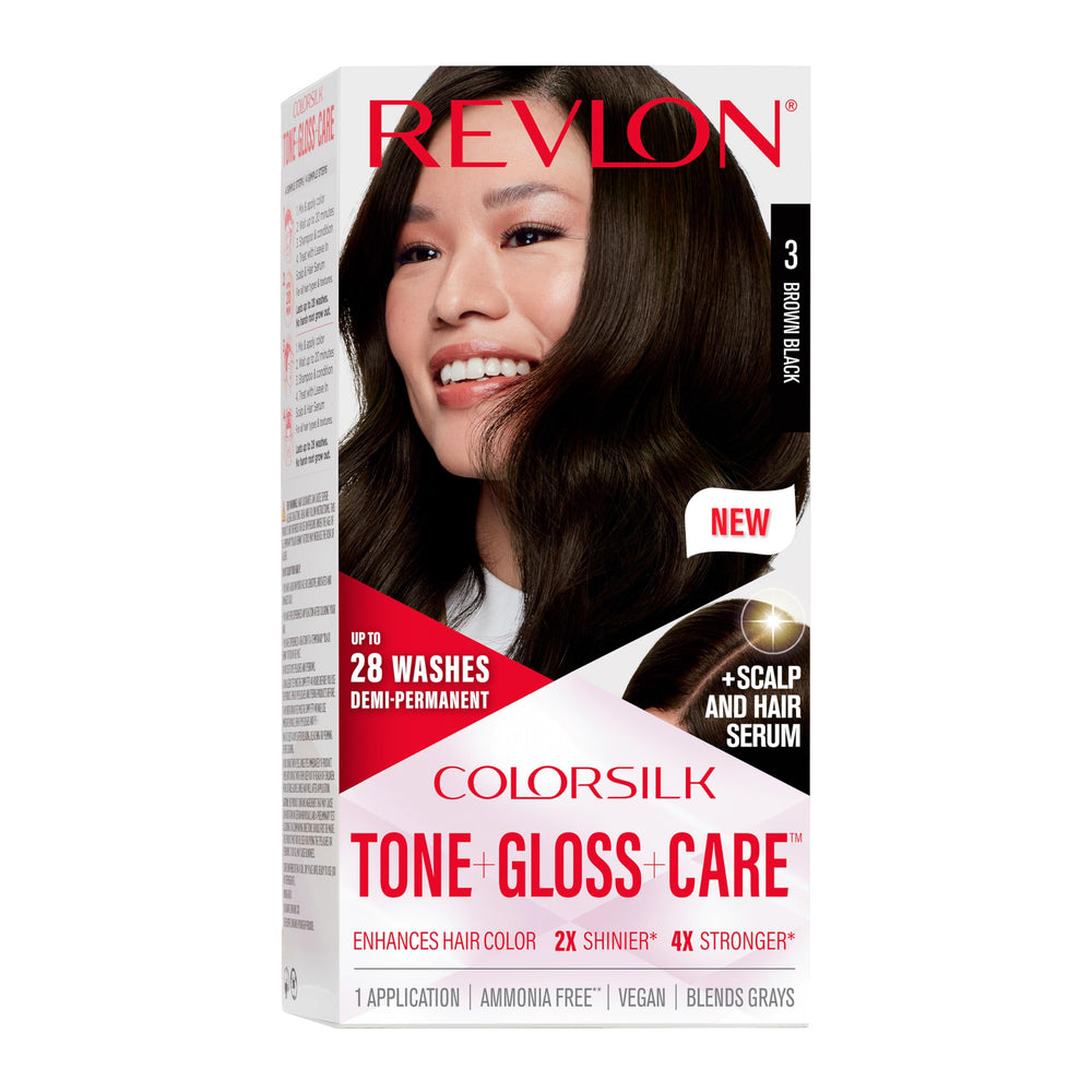 Revlon ColorSilk Tone Gloss Care serum close-up for glossy, healthy-looking hair.