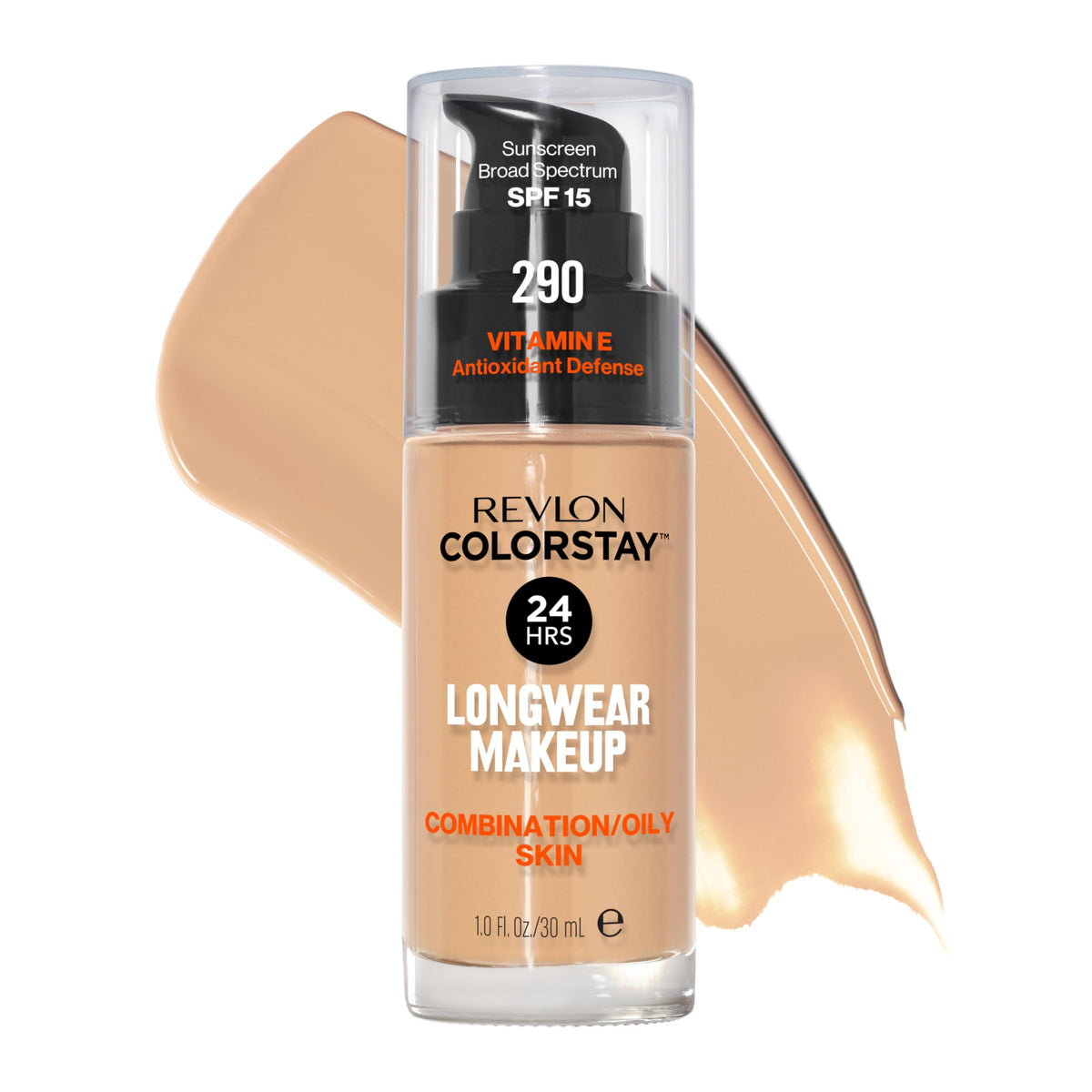 Revlon ColorStay foundation bottle closeup showing long wear and matte finish