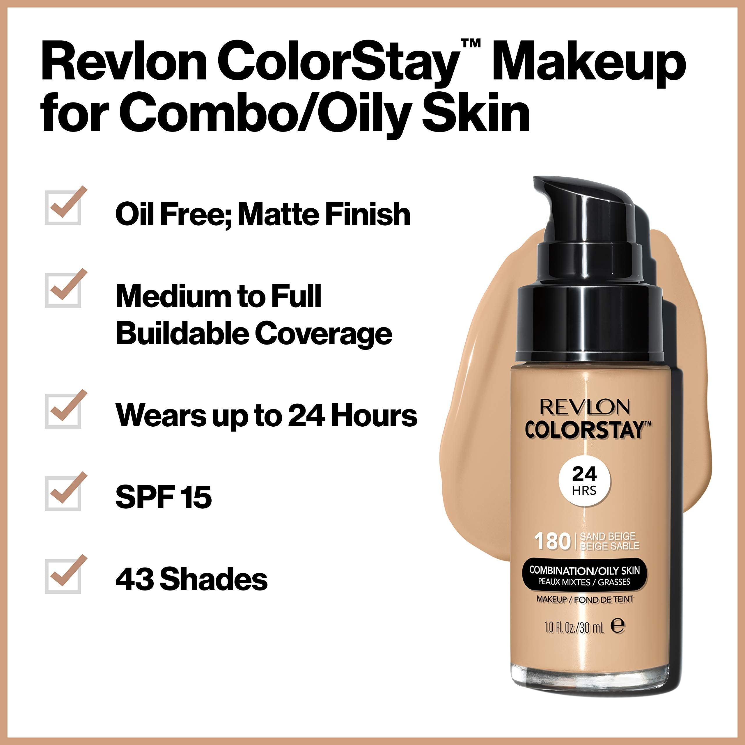 Revlon ColorStay pump dispense showing easy application and mess-free formula.