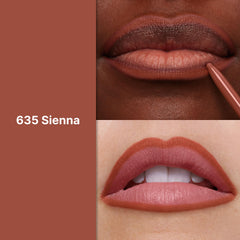 635 Sienna shade swatch showcasing rich, longwear color for lips.