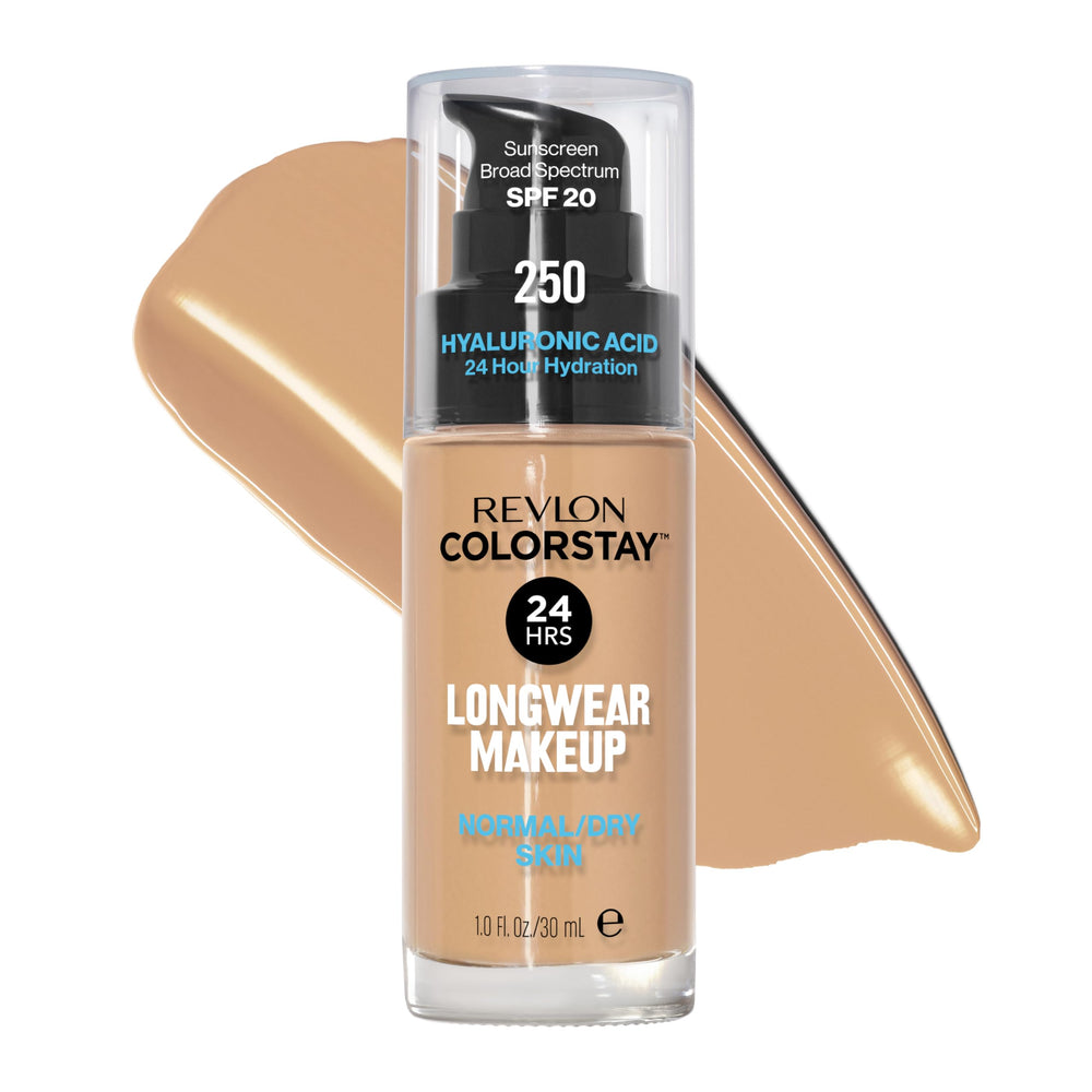 REVLON ColorStay liquid foundation bottle close-up showing oil-free, long-wear formula.