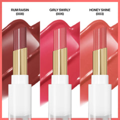 REVLON Glass Shine Balm Rum Raisin swatch with rich red-brown tone and hydrating shine