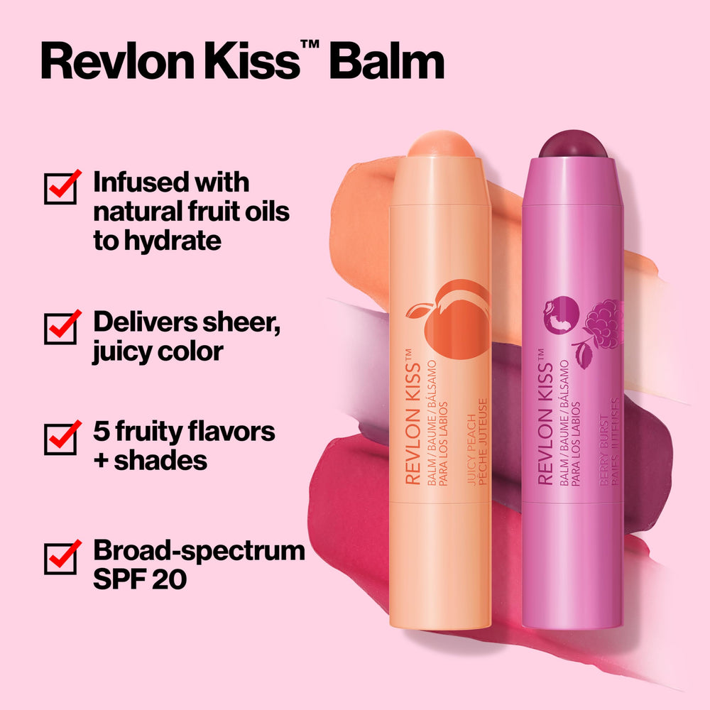 REVLON Kiss Tinted Lip Balm on lips showing sheer color and smooth glide.