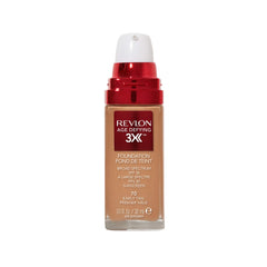 Revlon age-defying 3X foundation bottle close-up with tri-shield protection