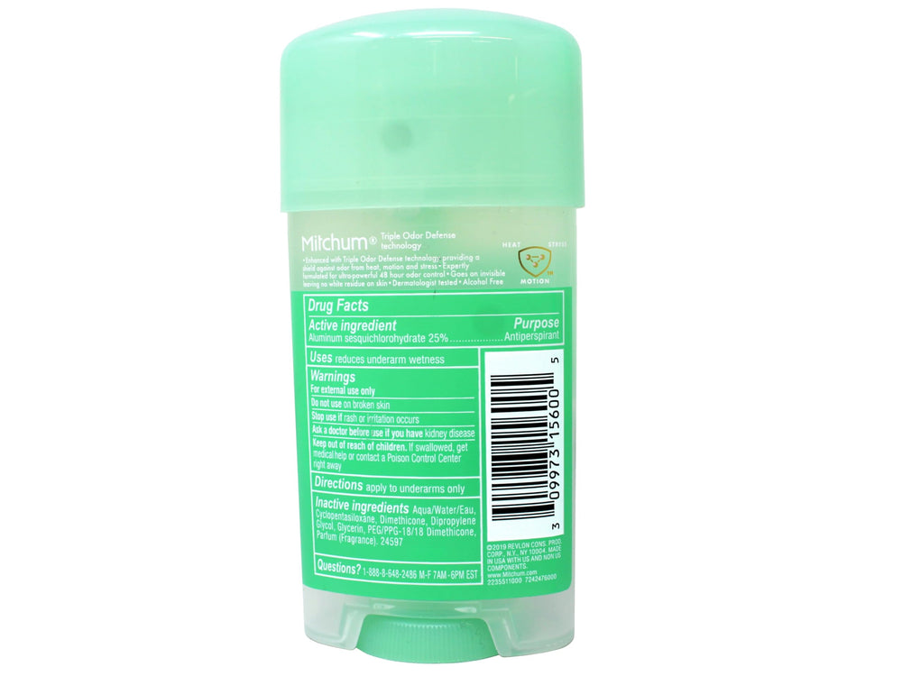 Compact travel-size Mitchum packaging highlighting on-the-go freshness.