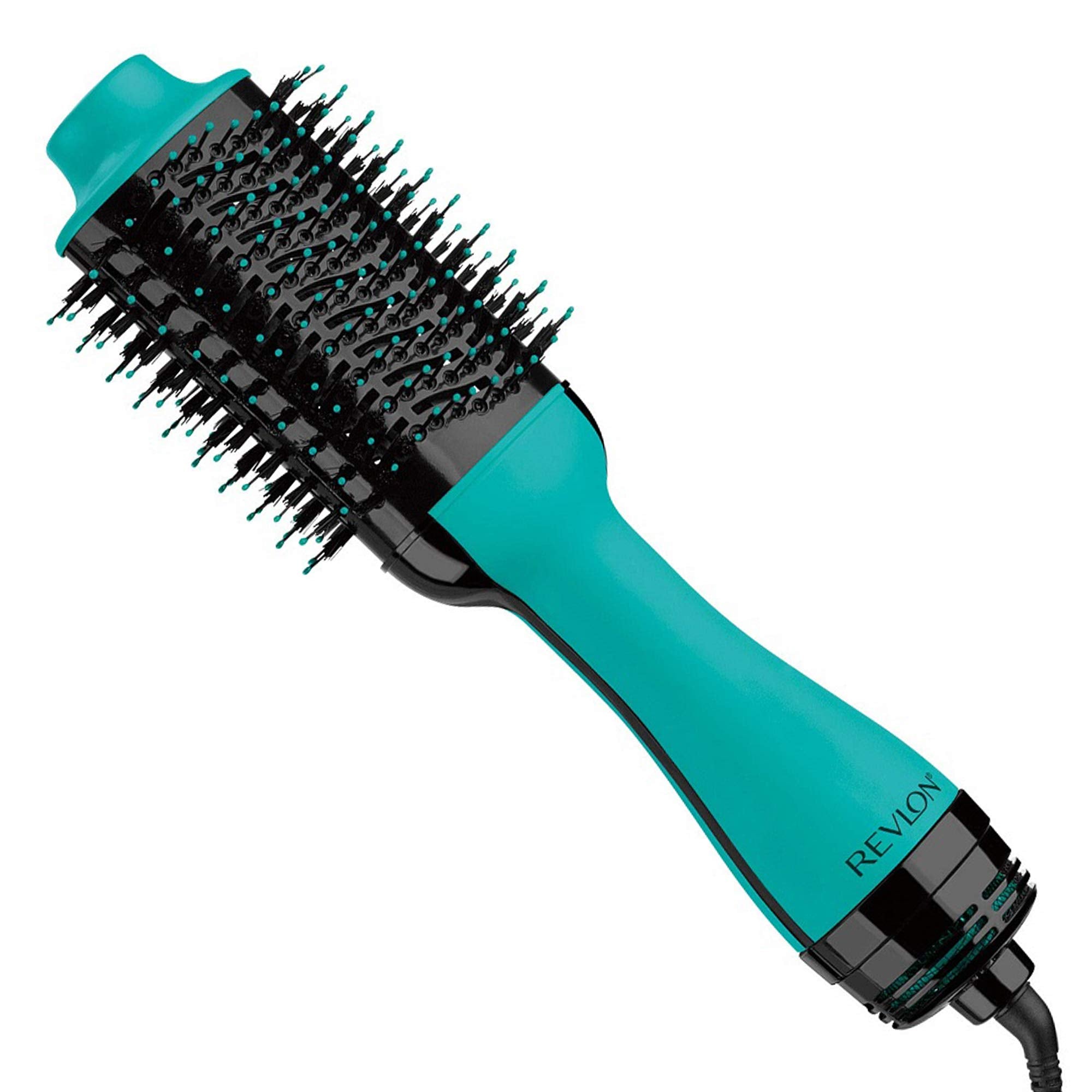 REVLON One Step Volumizer turquoise close-up shows smoothing brush for smoother styling