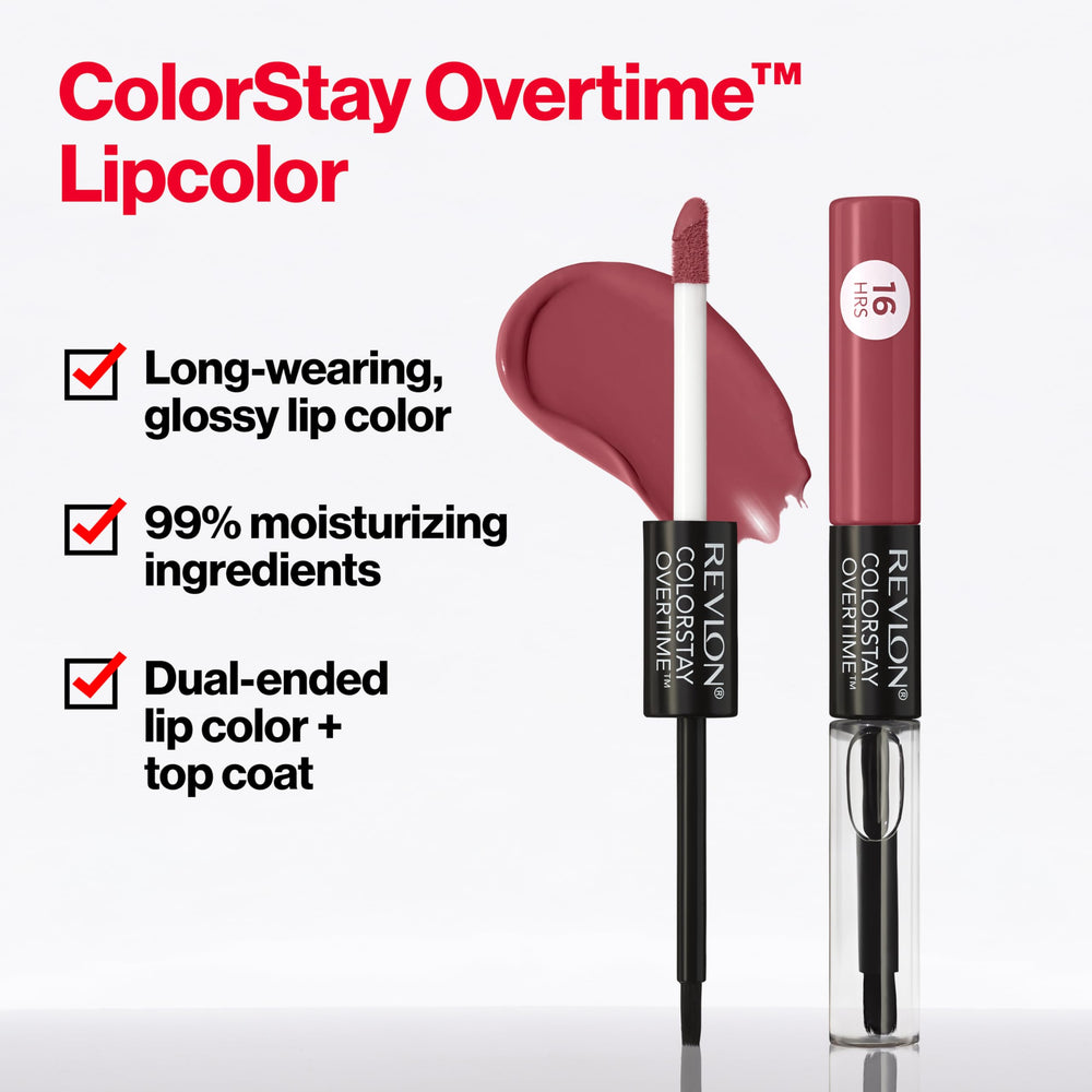 Revlon Overtime Lipcolor vitamin E and chamomile ingredients pictured for enhanced comfort.