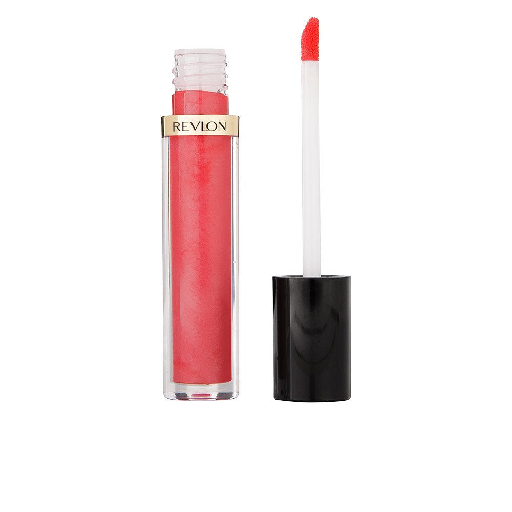 Revlon Super Lustrous gloss in Sizzling Coral on lips, rich color and shine