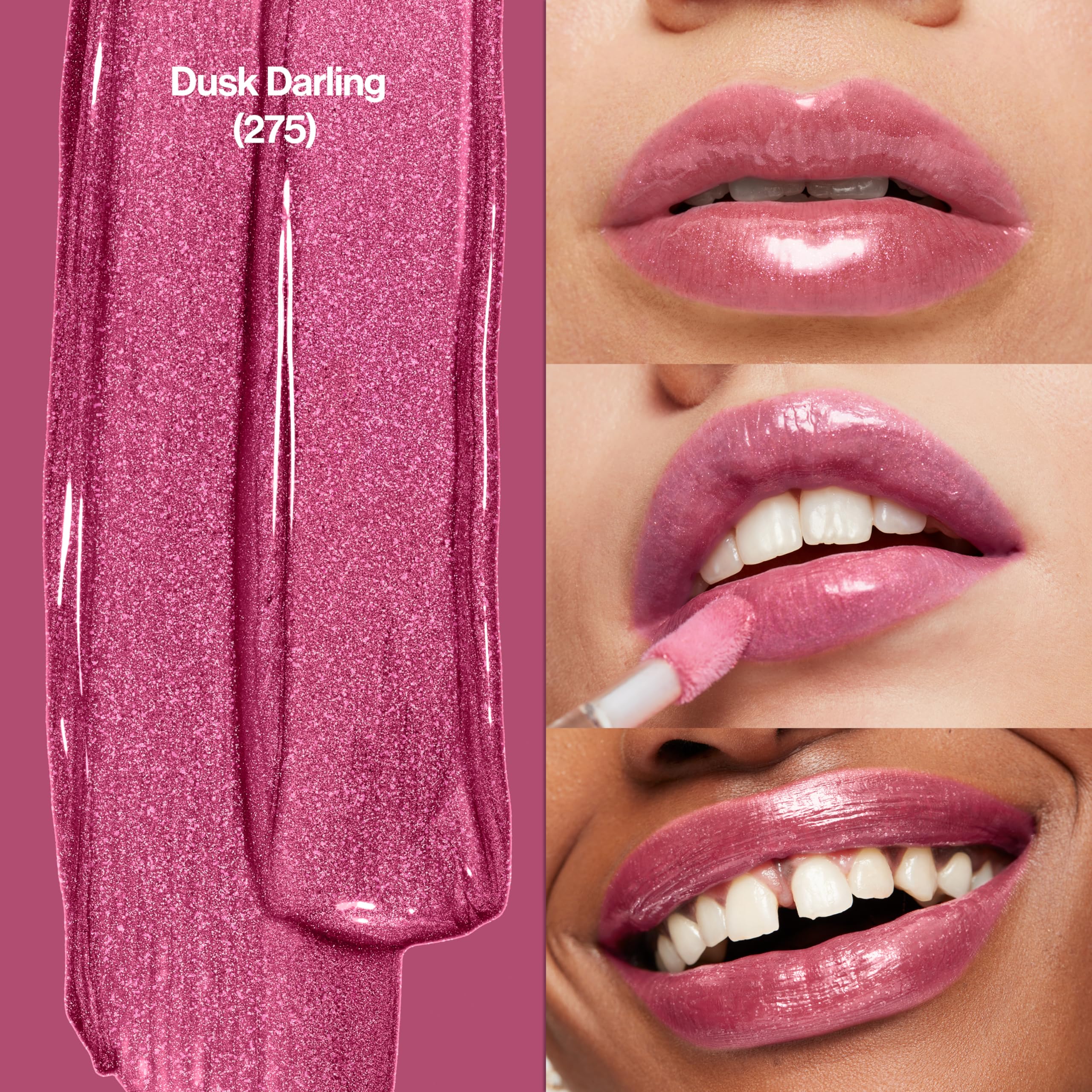 Revlon Super Lustrous gloss shown with oversized applicator for smooth coverage.