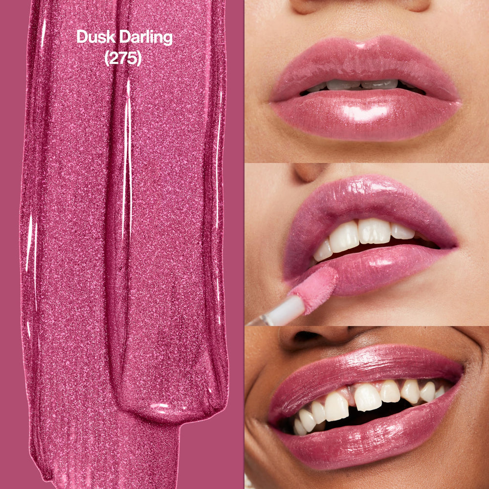 Revlon Super Lustrous gloss shown with oversized applicator for smooth coverage.