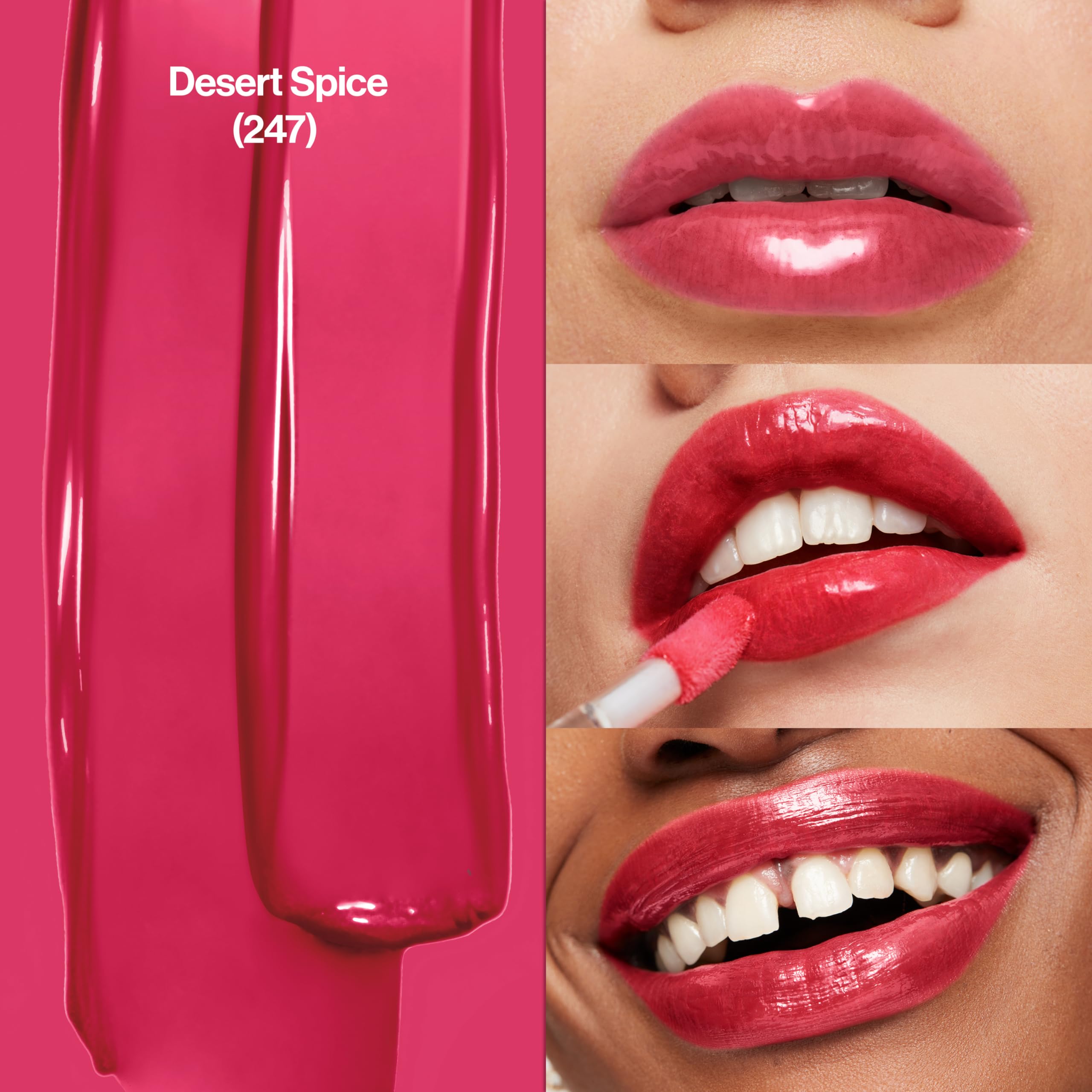 Silky texture close-up of Revlon lip gloss for a non-sticky feel.