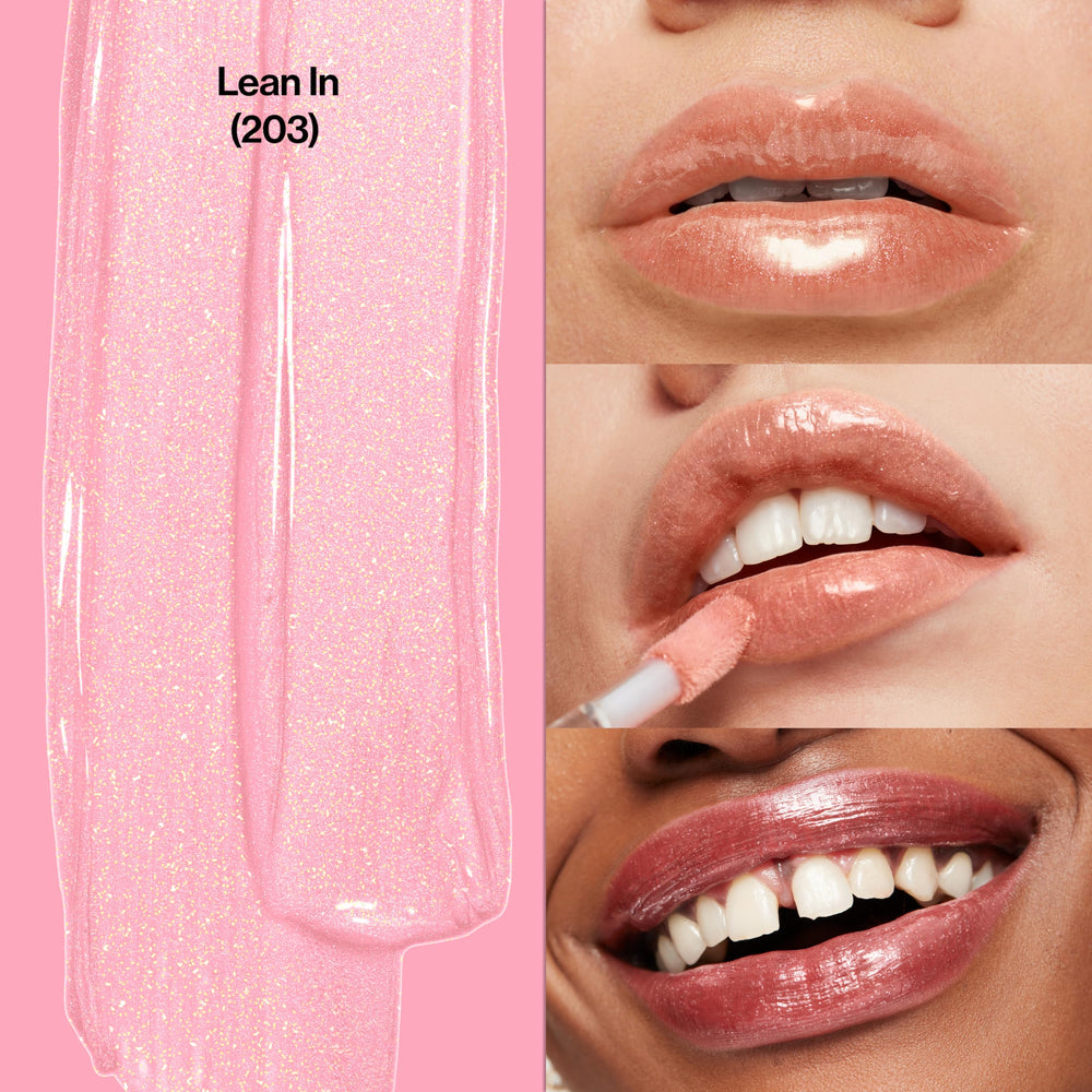 Revlon lip gloss wand application for smooth, non-sticky wear.
