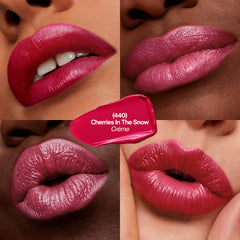 REVLON Super Lustrous Lipstick cherries in the snow swatch demonstrates vibrant shade payoff