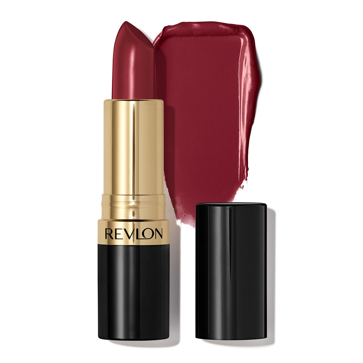 Revlon Super Lustrous Lipstick Raisin Rage bullet close-up showing rich color payoff for daily wear.