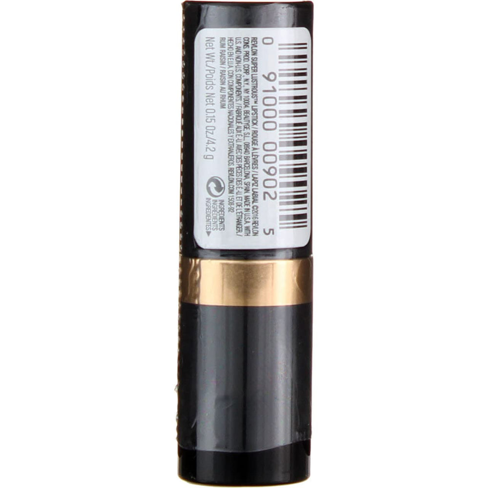 Revlon Rum Raisin on lips demonstrates bold shade with moisture-rich shine.
