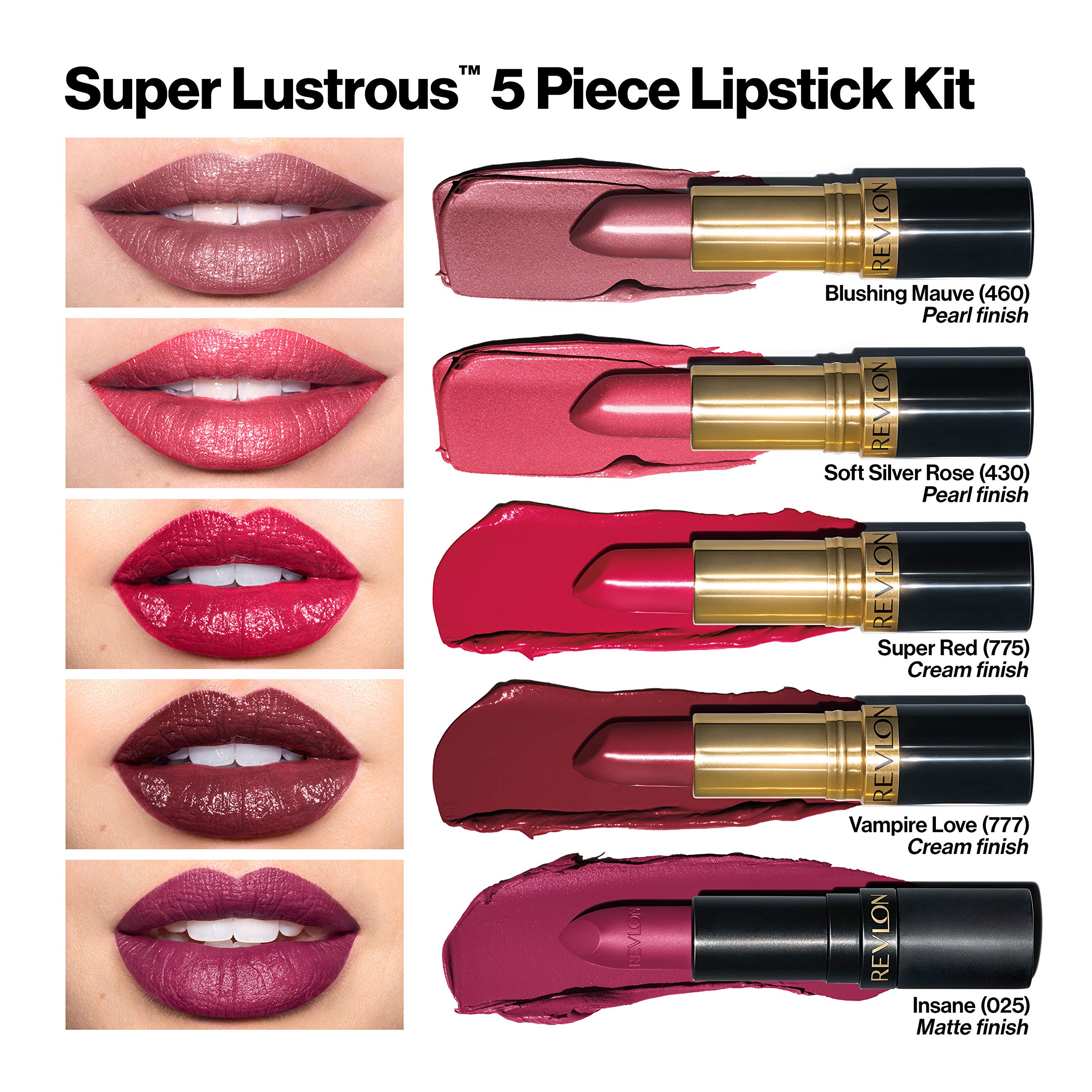 REVLON Super Lustrous Super Red and Vampire Love swatches show bold, creamy color.