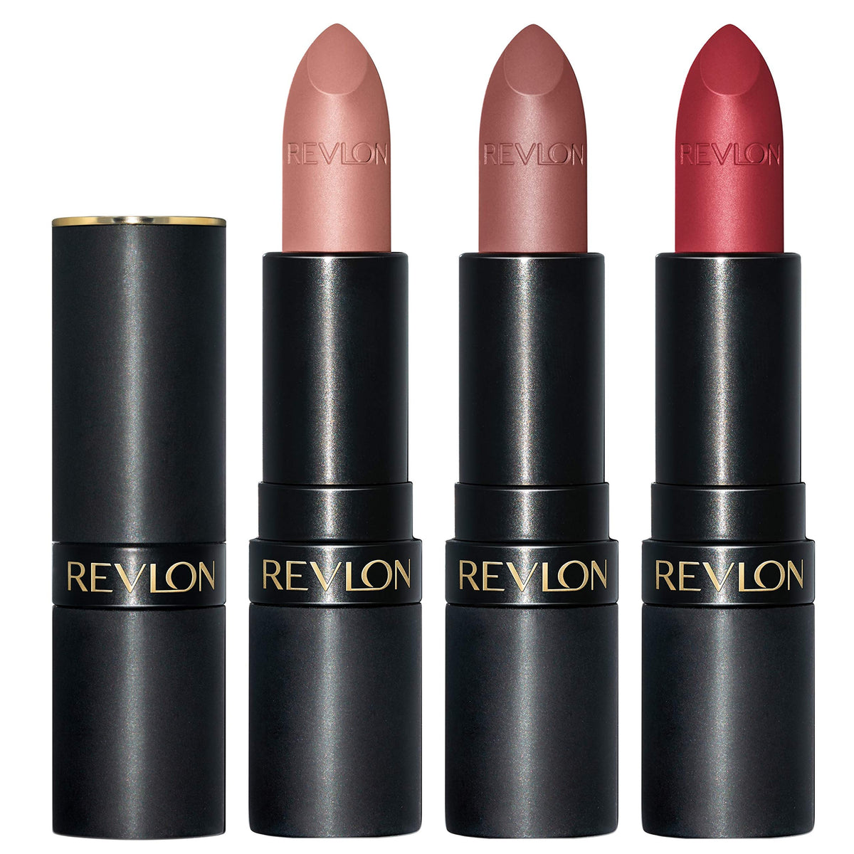 REVLON Super Lustrous three-piece lip kit packaging showing a versatile matte set for chic looks