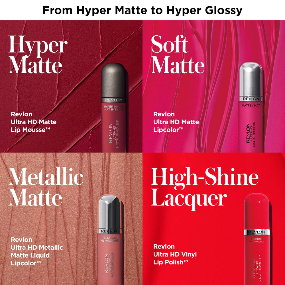 REVLON Ultra HD Matte Lipcolor available in 16 matte shades for versatile looks.