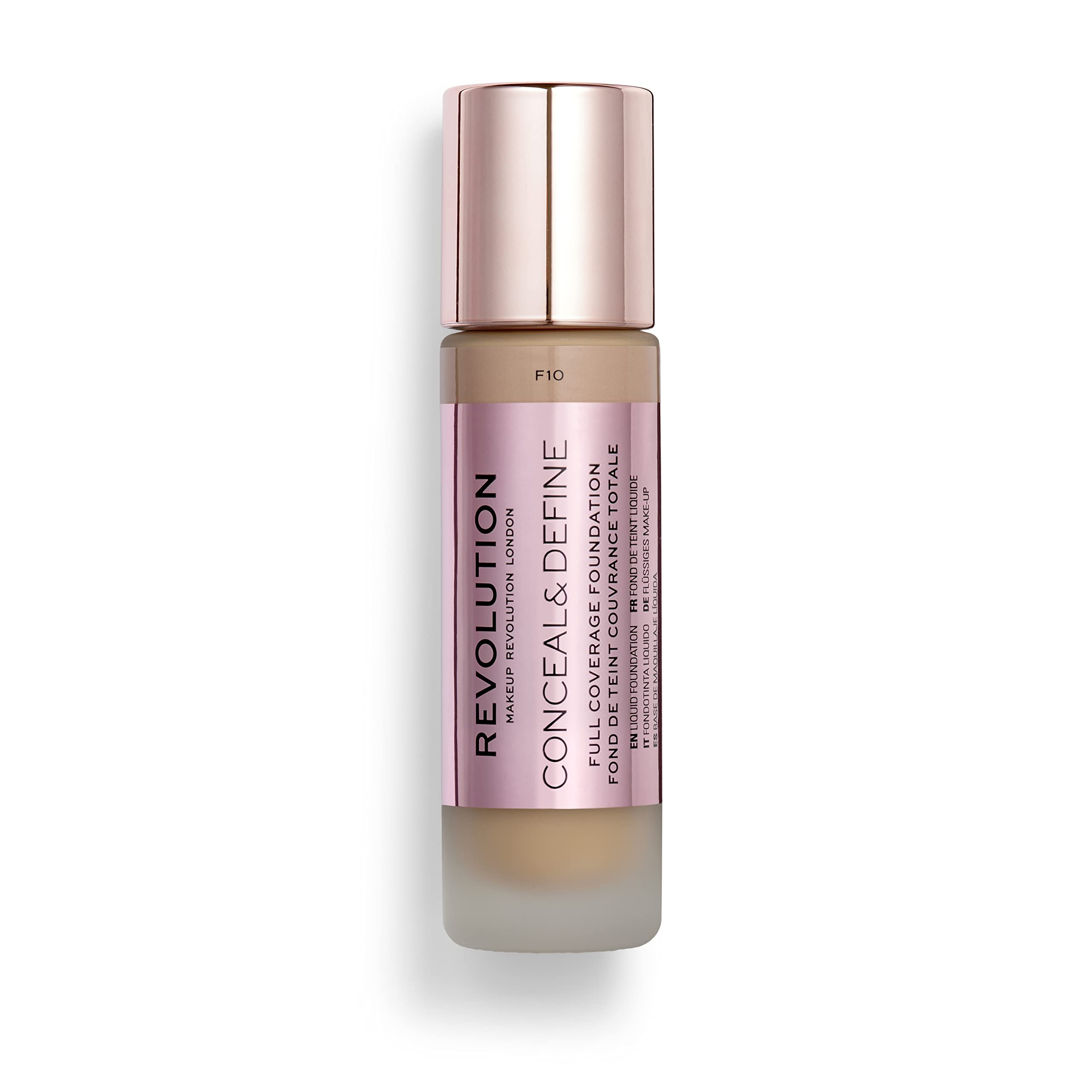 Revolution Beauty London Conceal & Define foundation bottle close-up showing shade accuracy and branding