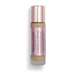 Revolution Beauty London Conceal & Define foundation bottle close-up showing shade accuracy and branding