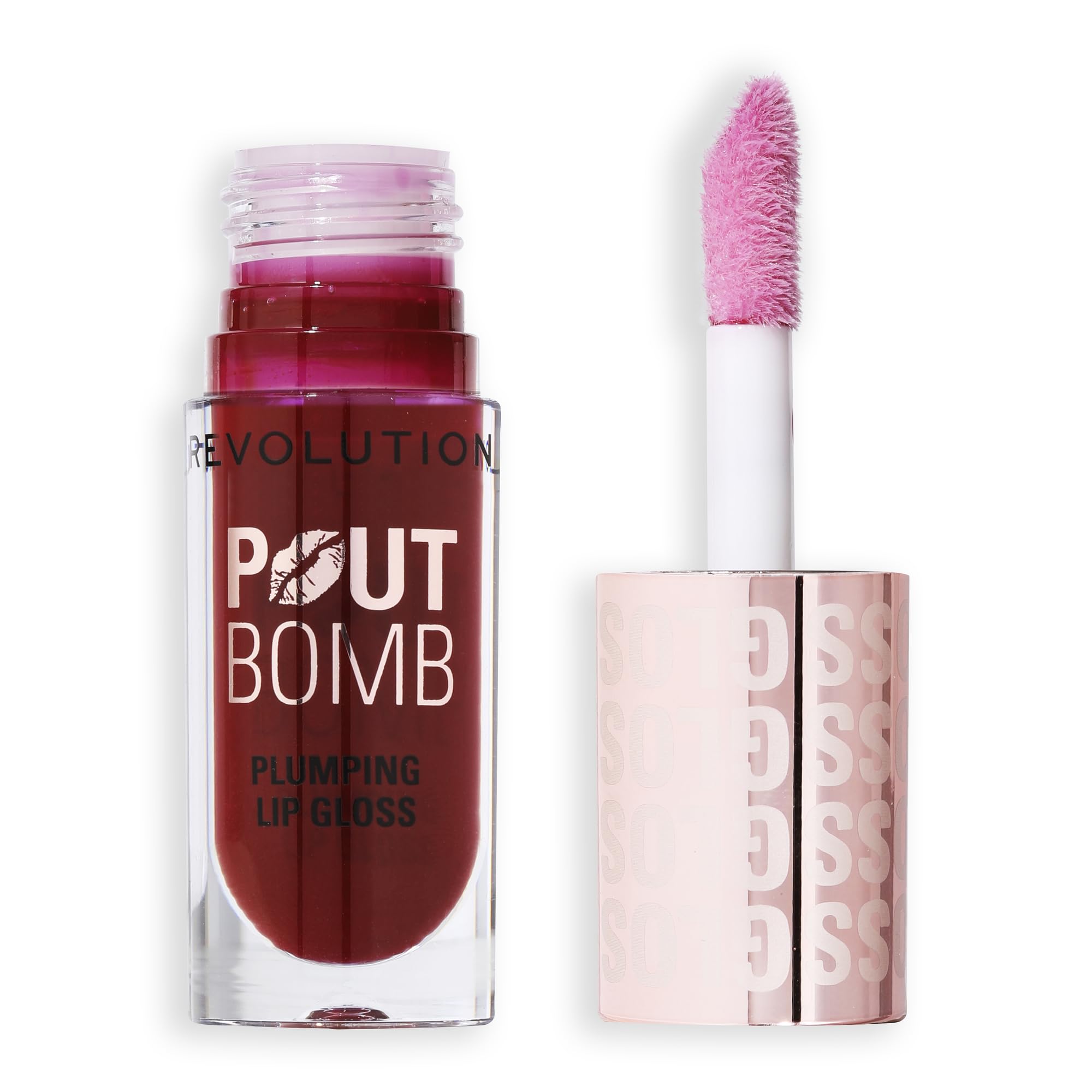 Revolution Beauty London Pout Bomb gloss with XXL applicator for a mirror-like shine.
