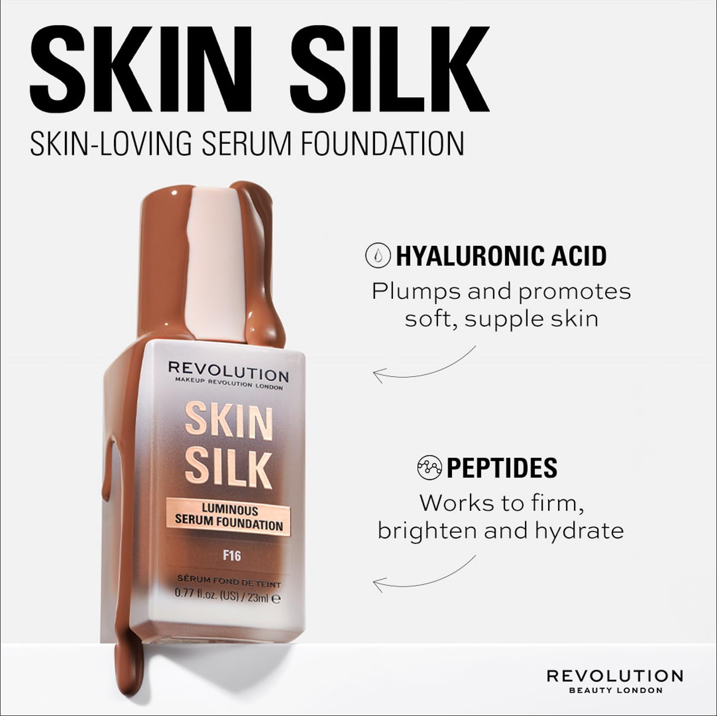 Revolution Beauty London Skin Silk Serum Foundation glass bottle adds premium look.