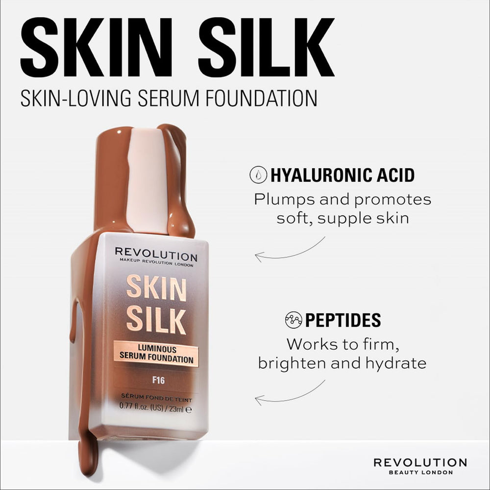 Revolution Beauty London Skin Silk Serum Foundation glass bottle adds premium look.