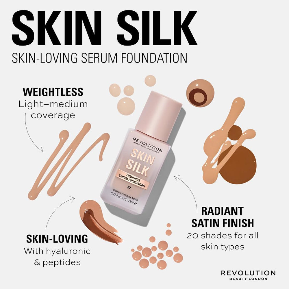 Revolution Beauty London Skin Silk Serum Foundation shade F1 swatch for fair skin.