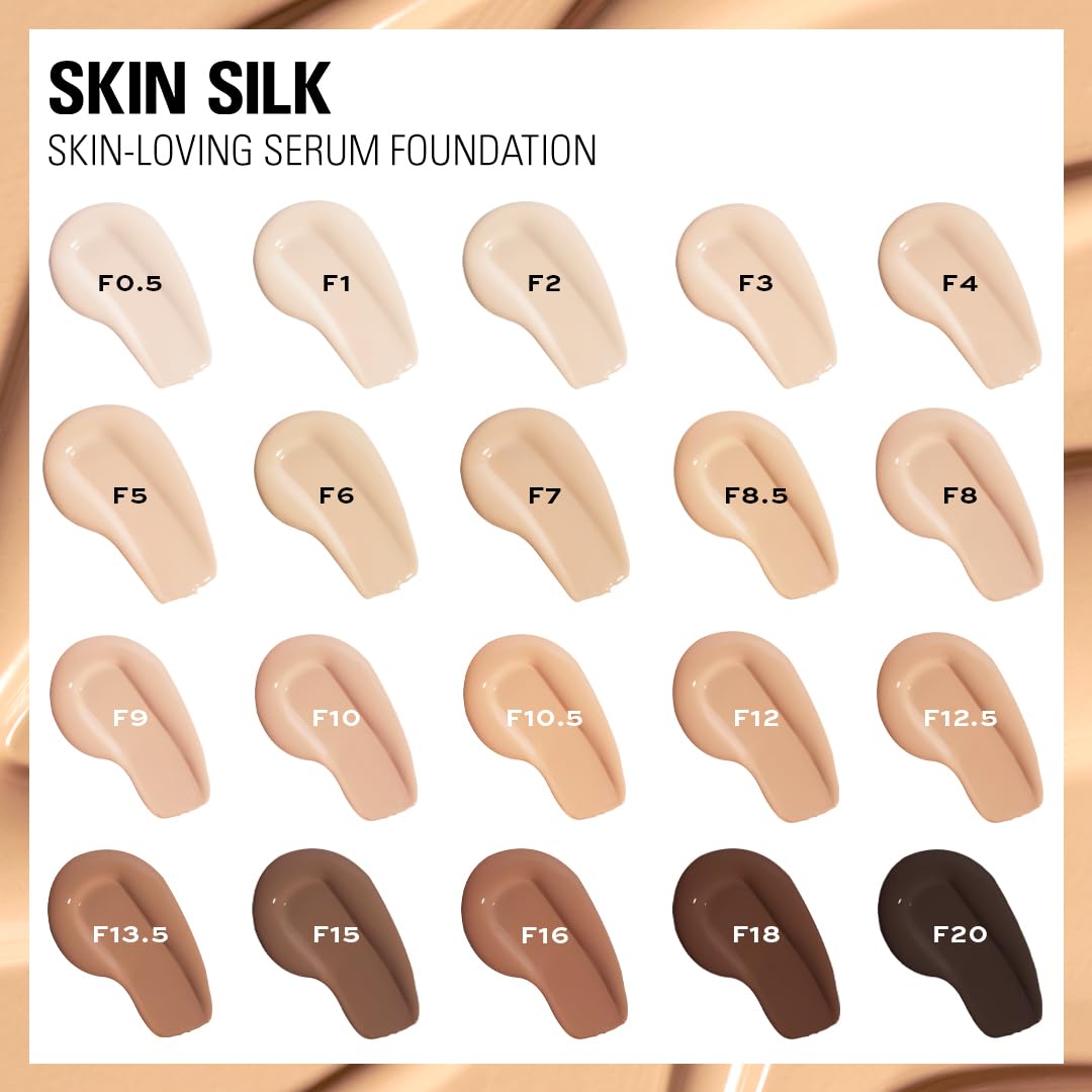 Revolution Beauty London Skin Silk Serum Foundation shade range with 20 options.