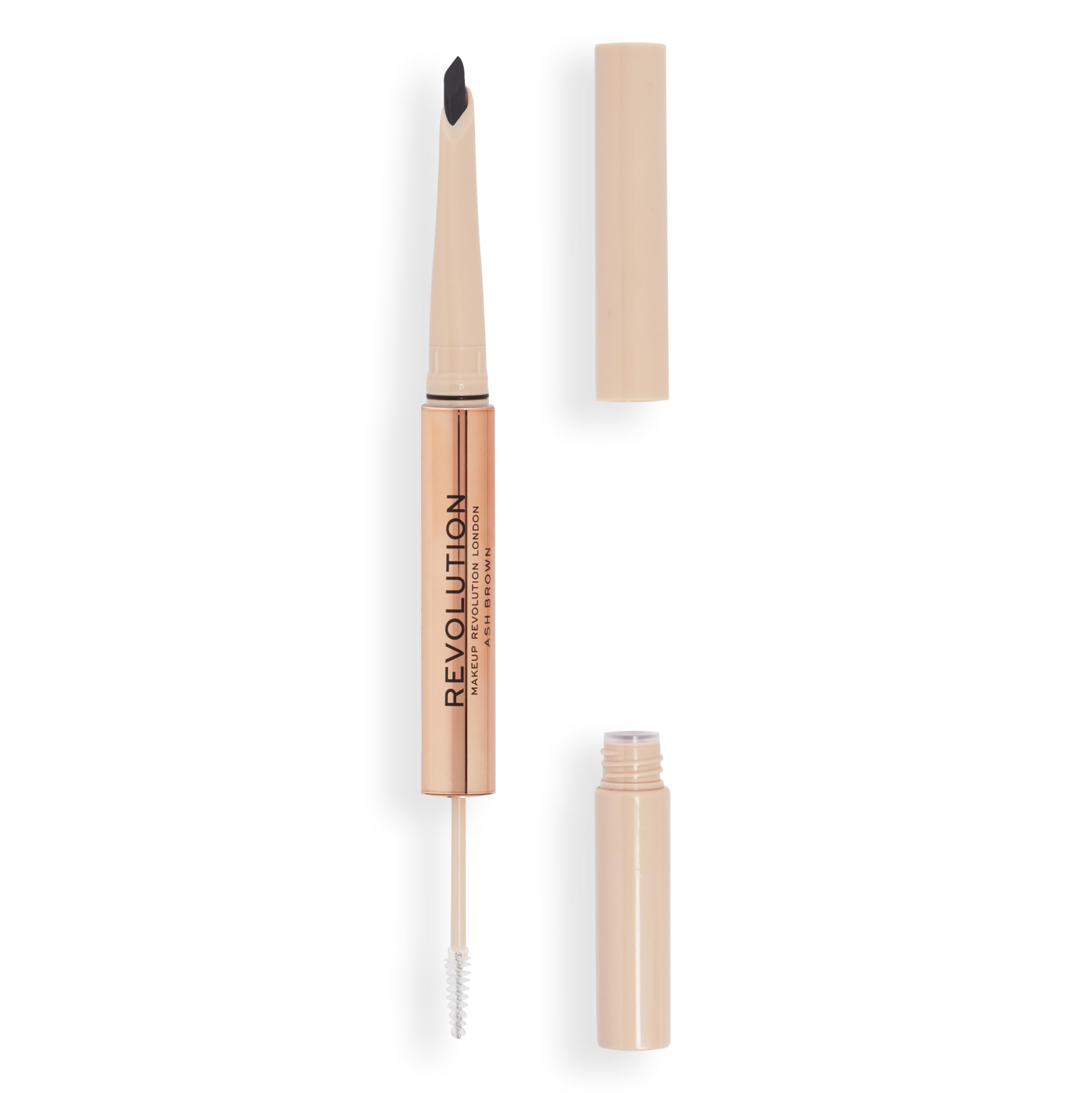 Revolution Fluffy Brow Filter Duo angled-tip pencil creates natural hair-like strokes