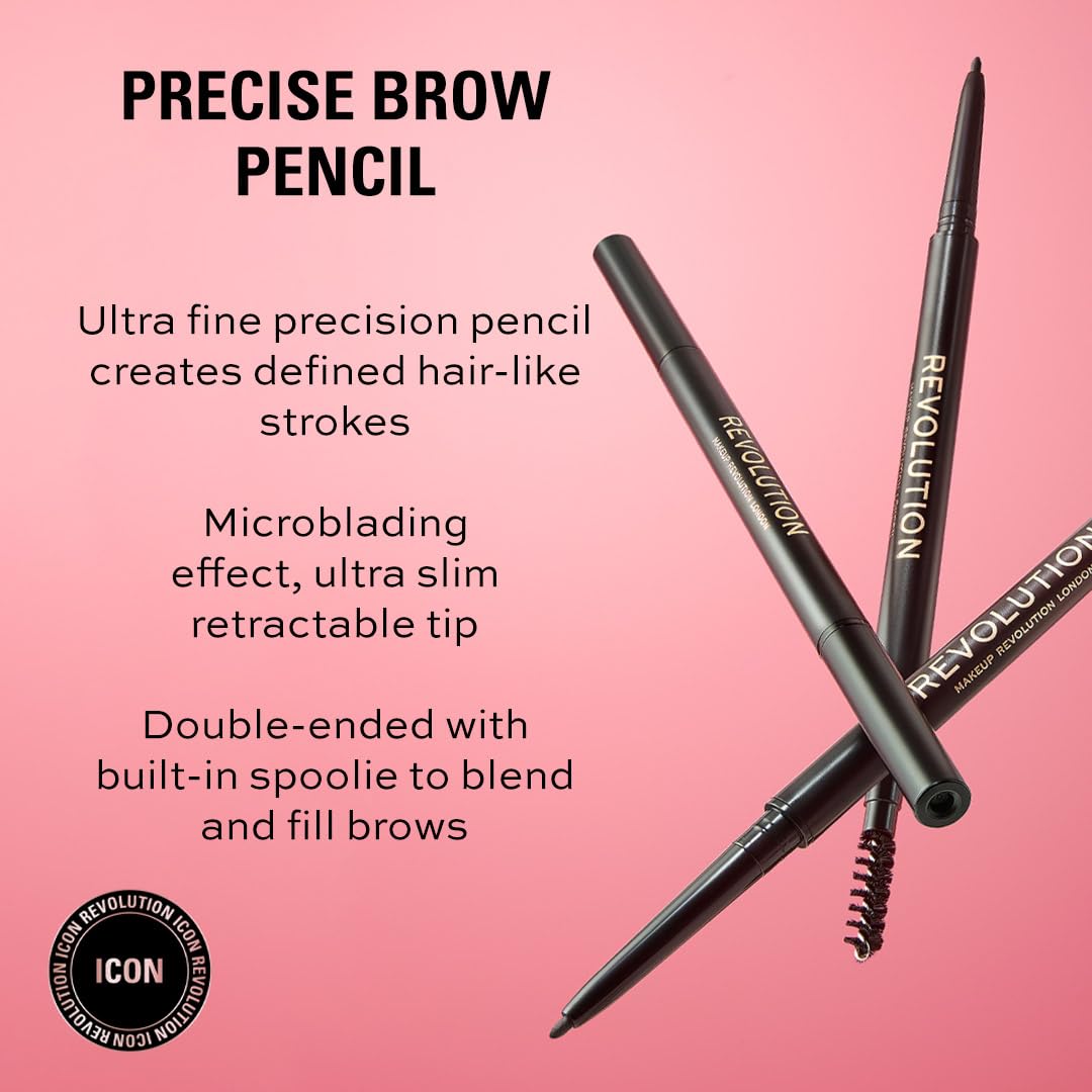 Revolution Brow Pencil with spoolie brush blends and shapes for a soft, lasting arch.
