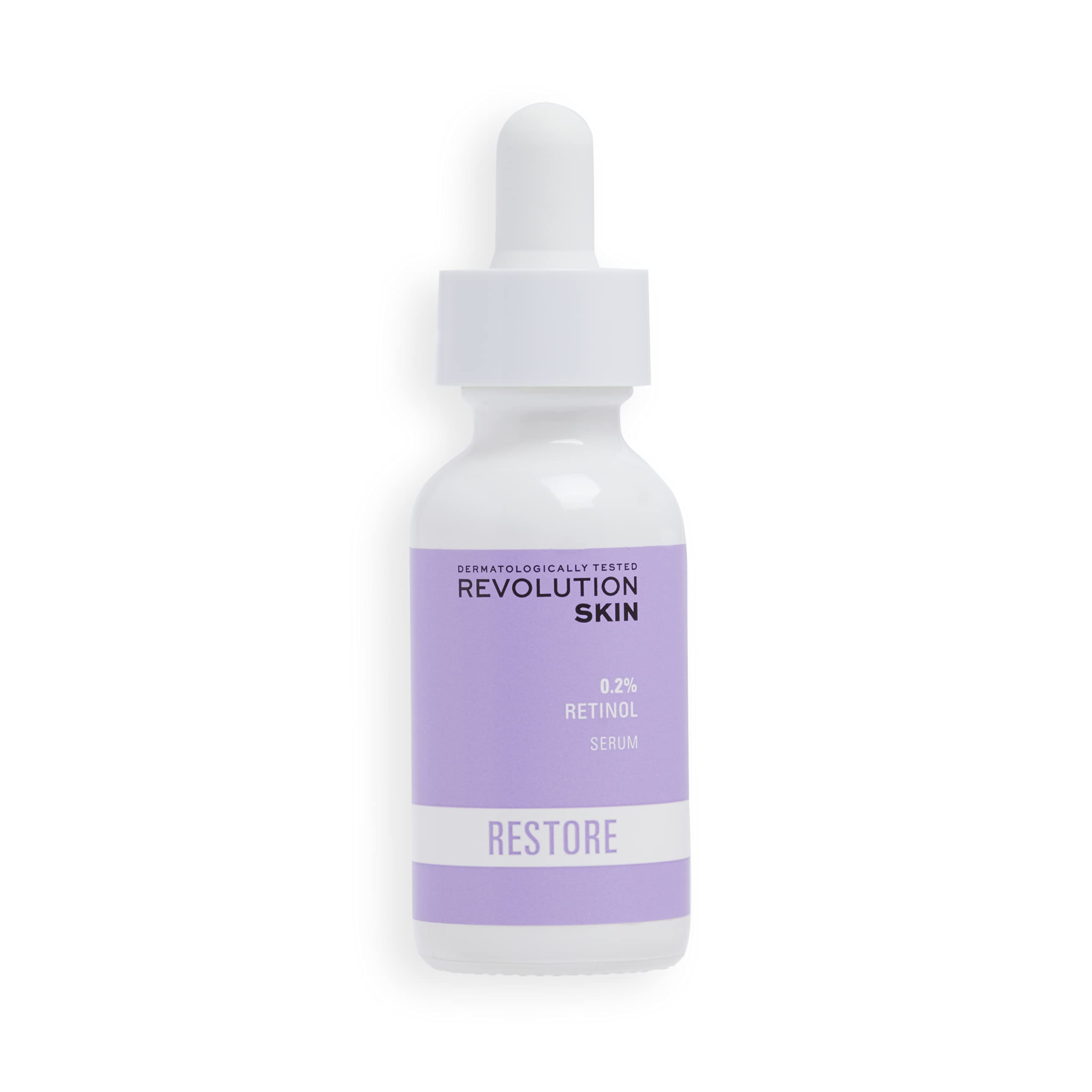 Revolution Skincare London 0.2% Retinol Serum bottle on a vanity, supporting smoother skin texture.
