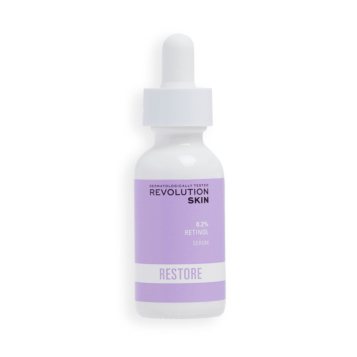 Revolution Skincare London 0.2% Retinol Serum bottle on a vanity, supporting smoother skin texture.