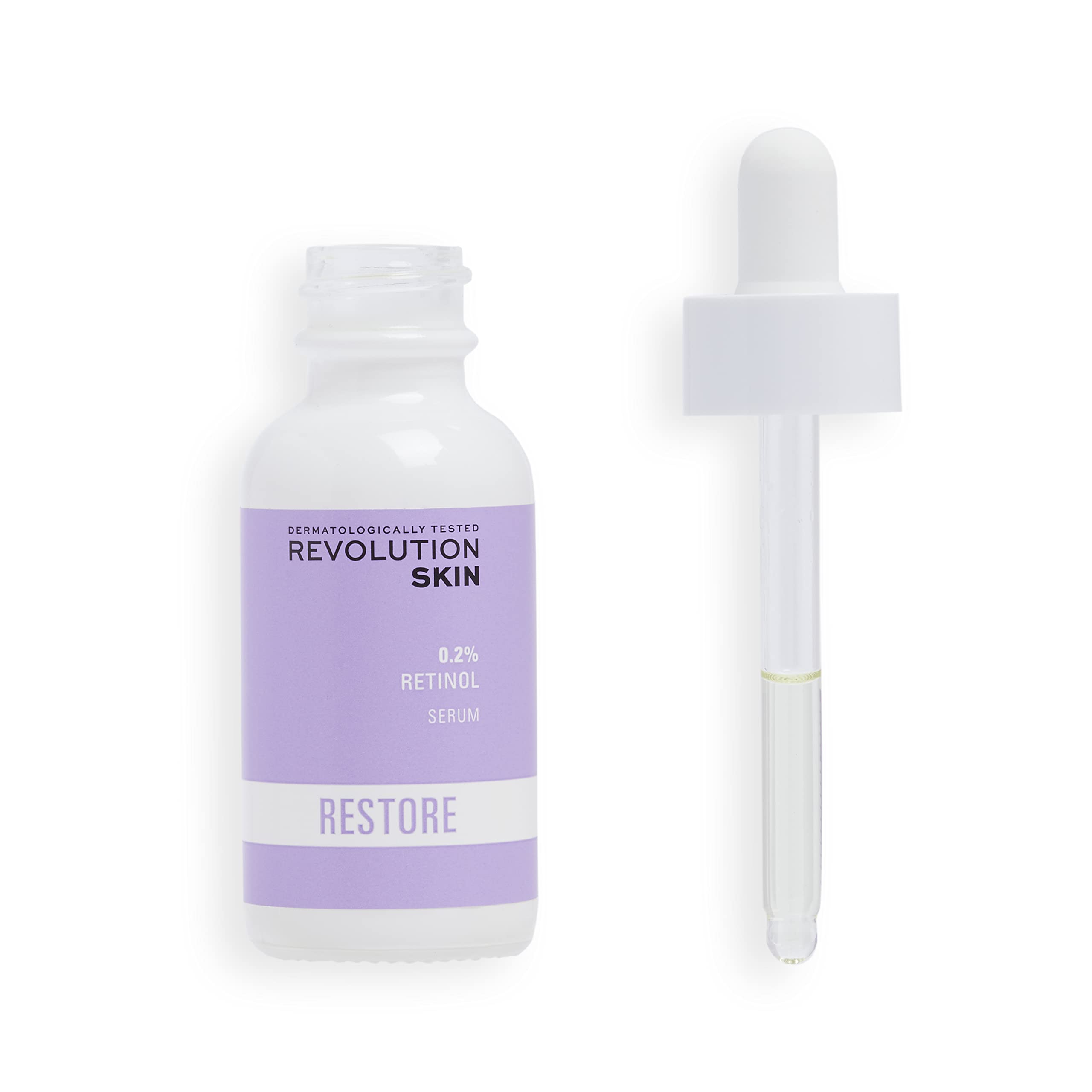 Close-up of the Revolution Skincare London 0.2% Retinol Serum dropper delivering a lightweight formula for nighttime use.